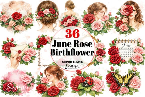 Download June Rose Birth Flower Clipart Bundle - Rose Collection