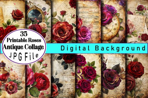 Download Printable Roses Antique Collage Paper - Rose Collection